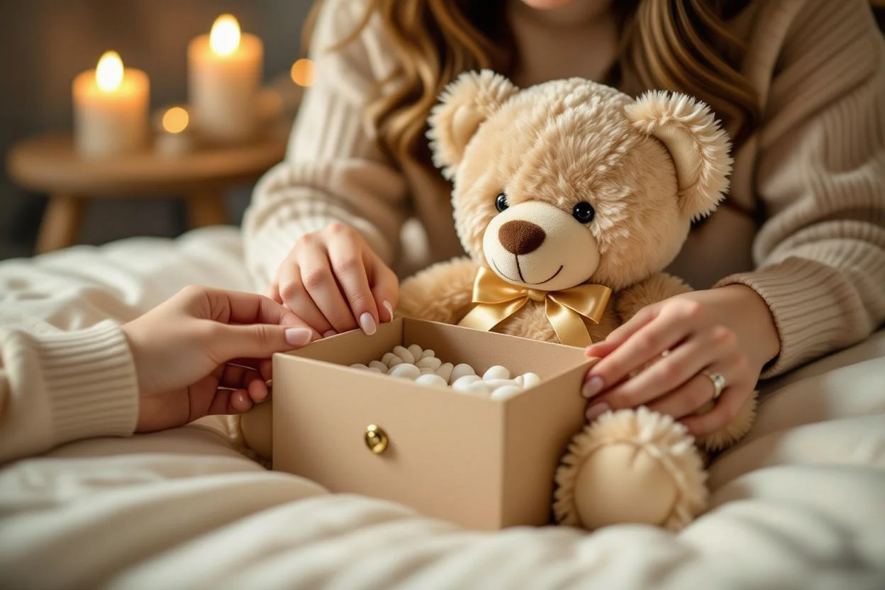 Hands discovering hidden surprise feature in romantic teddy bear gift
