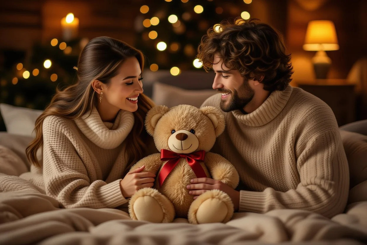Couple sharing romantic moment with teddy bear gift exchange