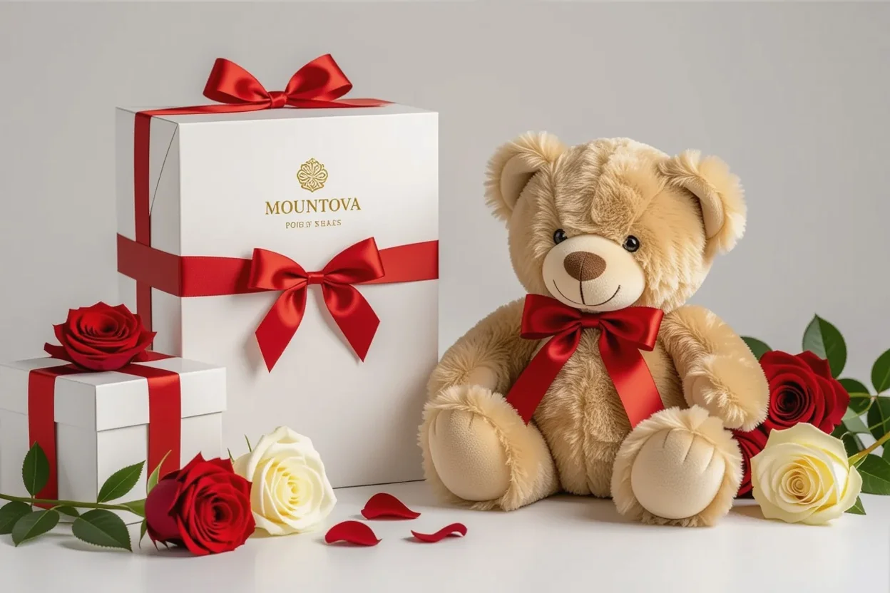 Professional display of Mountova Pro teddy bear with luxury romantic gift accessories