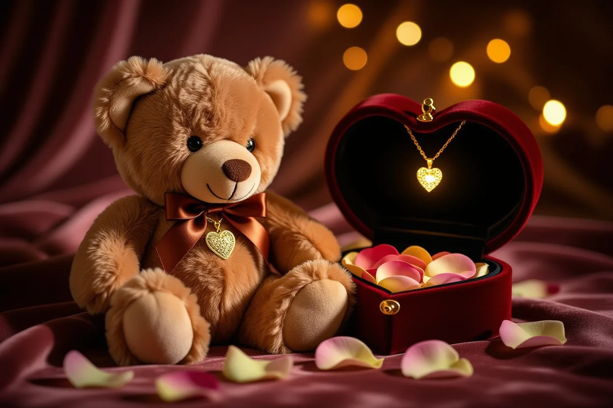 Romantic teddy bear with hidden heart necklace gift for girlfriend anniversary surprise