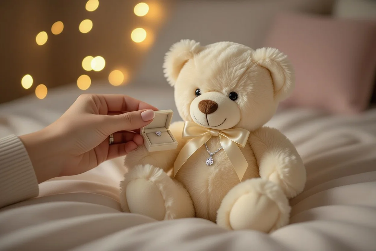 Hands revealing hidden jewelry necklace inside romantic teddy bear surprise gift