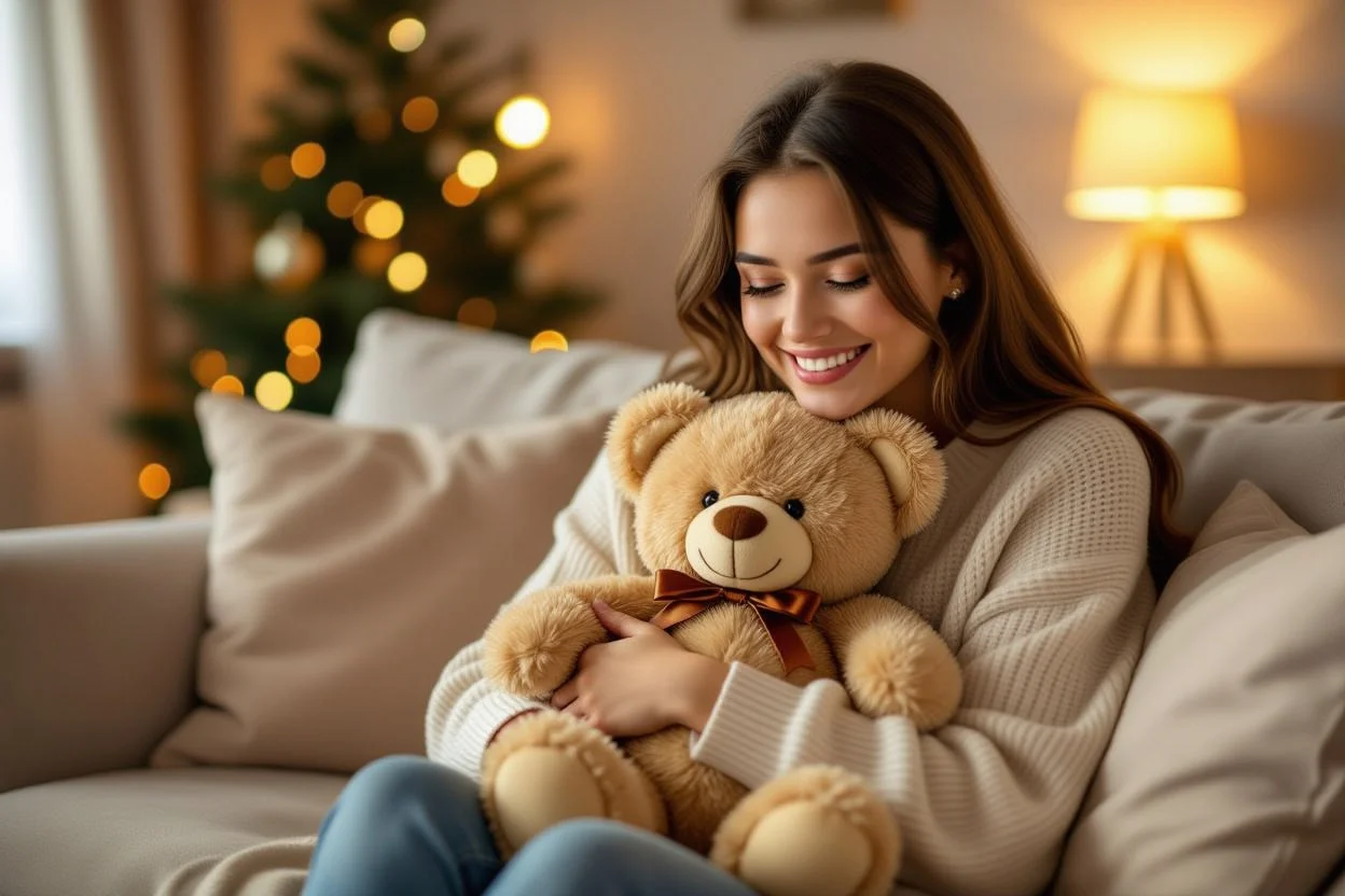 Happy girlfriend receiving romantic teddy bear with hidden necklace surprise gift