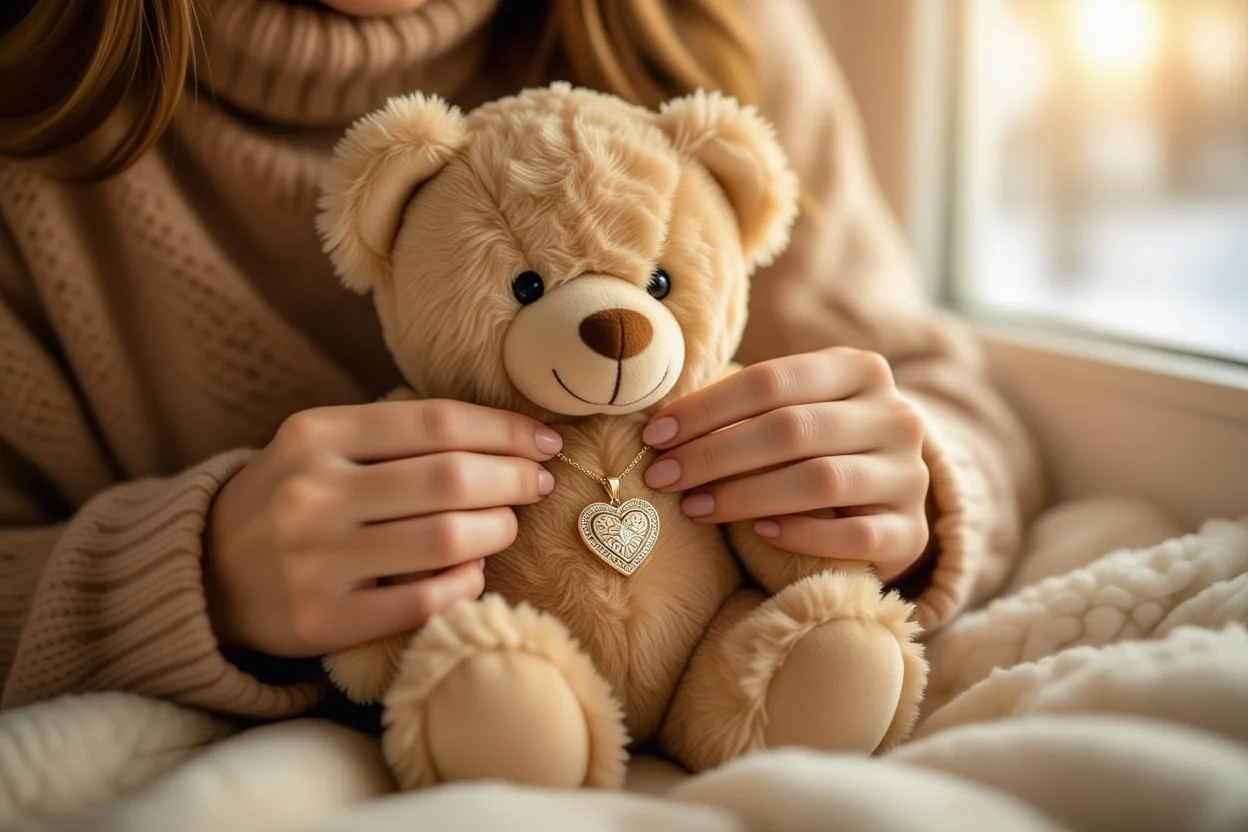 Woman discovering hidden necklace inside romantic teddy bear gift surprise moment