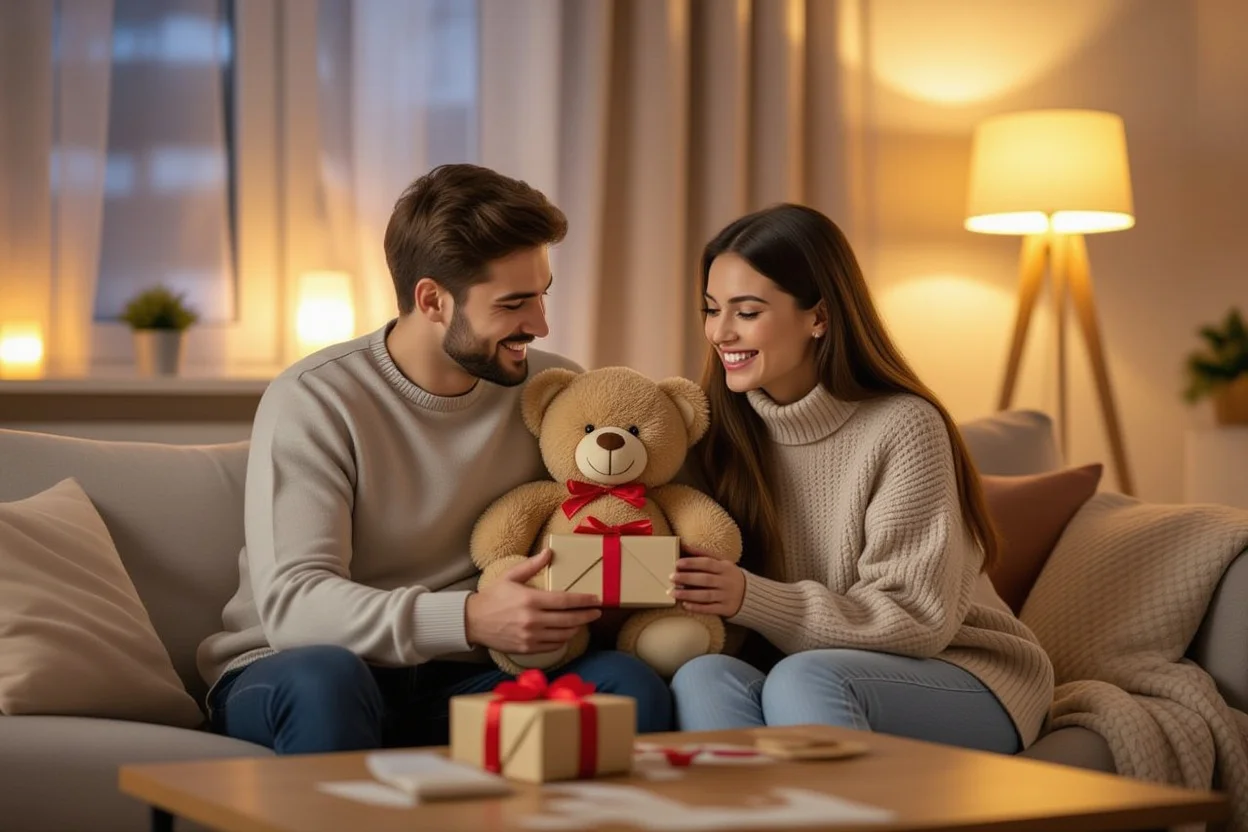 Couple exchanging romantic teddy bear gift in cozy home setting