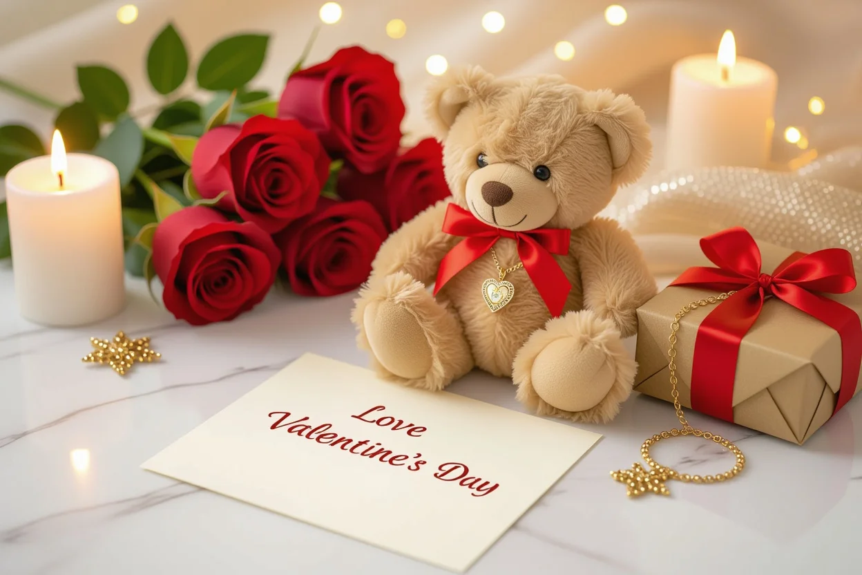 Romantic gift arrangement with teddy bear and hidden necklace for Valentine's Day