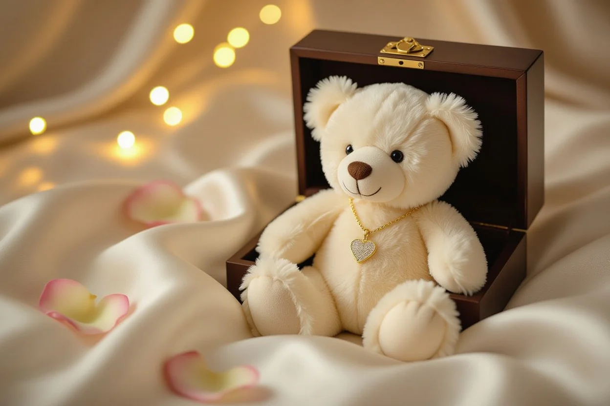 Luxury teddy bear with hidden 18K gold heart necklace romantic Valentine's Day gift