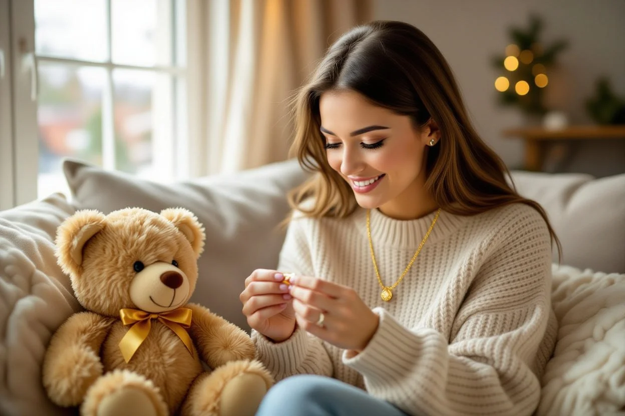 Woman discovering hidden gold necklace surprise inside romantic teddy bear gift
