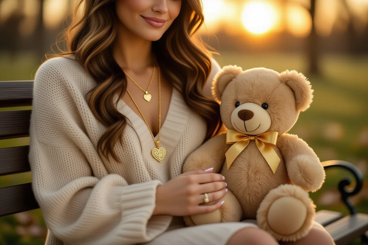 Romantic couple moment woman wearing gold necklace from teddy bear Valentine's gift