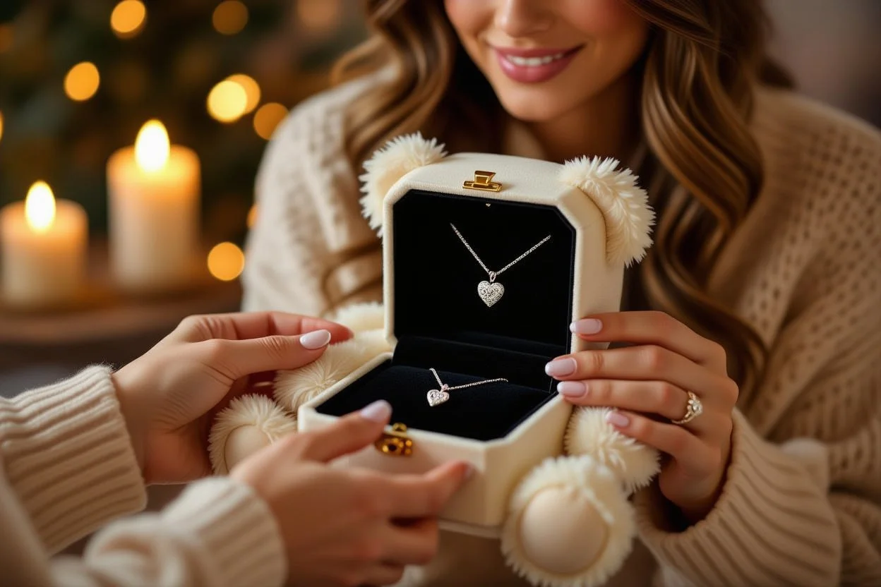 Surprise moment revealing hidden necklace inside teddy bear romantic gift