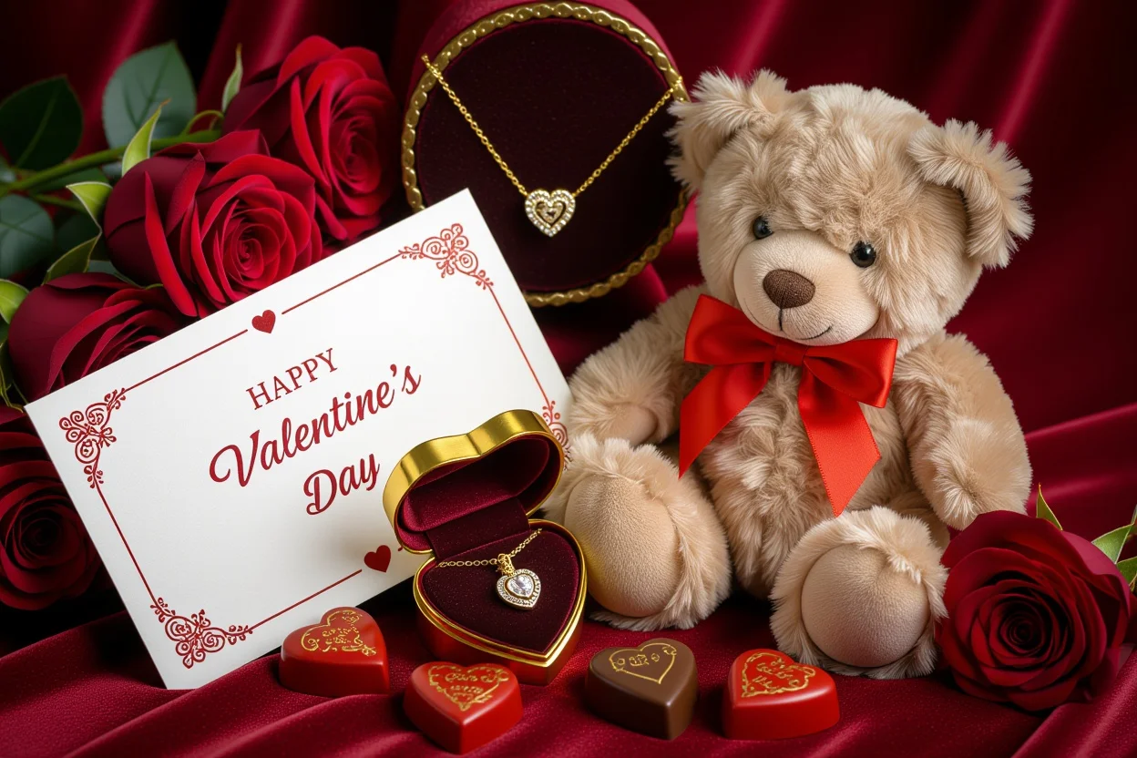 Valentine's Day romantic gift set with teddy bear and hidden necklace