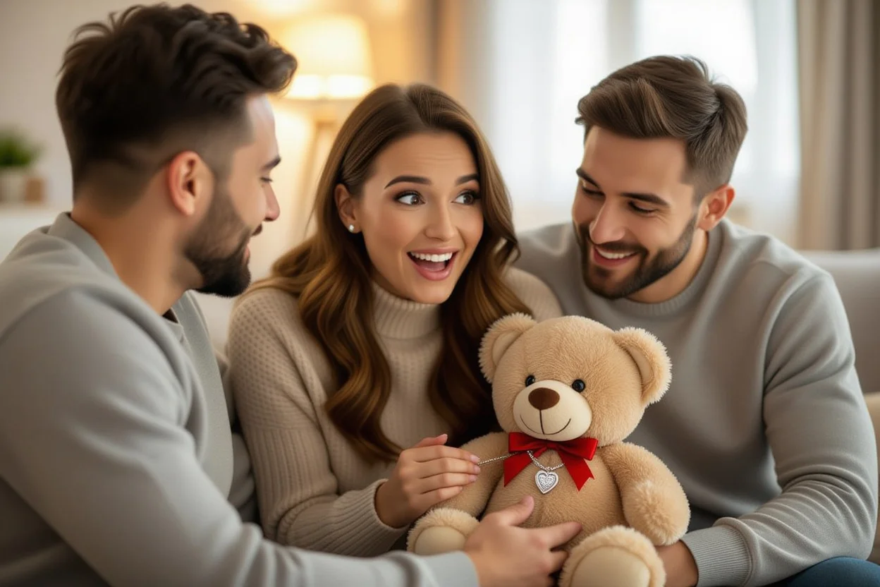 Couple making up after fight with surprise teddy bear necklace gift romantic moment