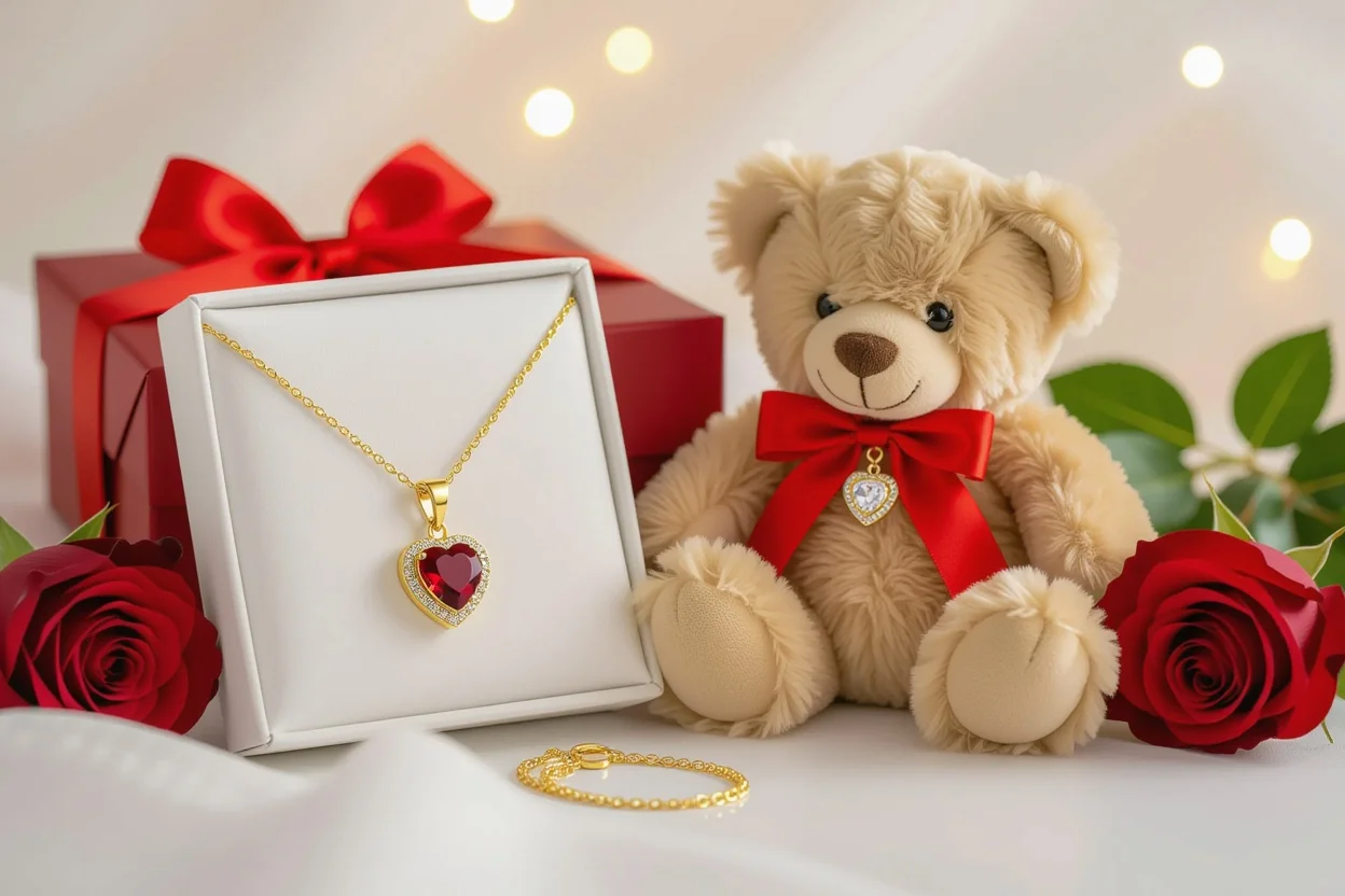 Elegant necklace and teddy bear romantic gift set for Valentine's Day or birthday