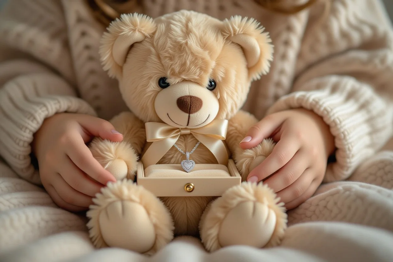 Hands revealing hidden necklace inside teddy bear secret compartment surprise romantic gift