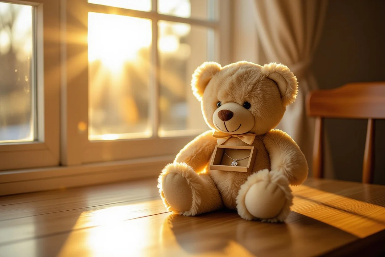 Teddy bear with hidden compartment containing romantic gift in sunlit room