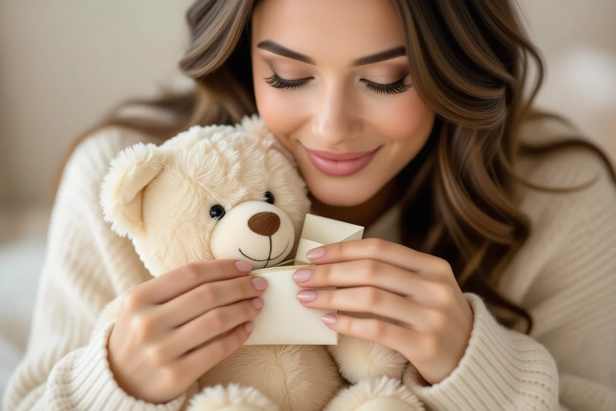 Woman discovering hidden romantic gift inside teddy bear surprise