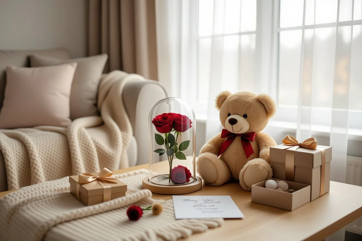 Romantic gift arrangement with teddy bear and preserved flowers in cozy home setting