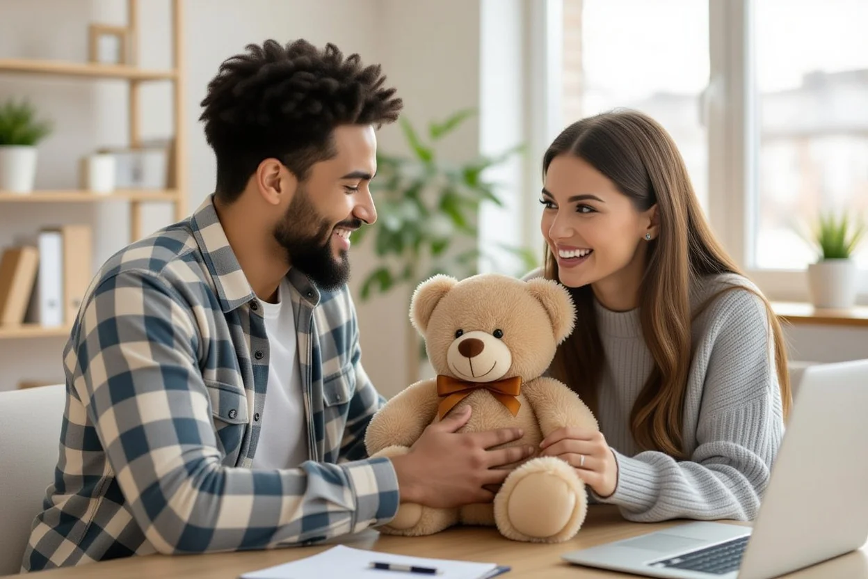 Couple sharing intimate moment with teddy bear gift during weekday afternoon surprise