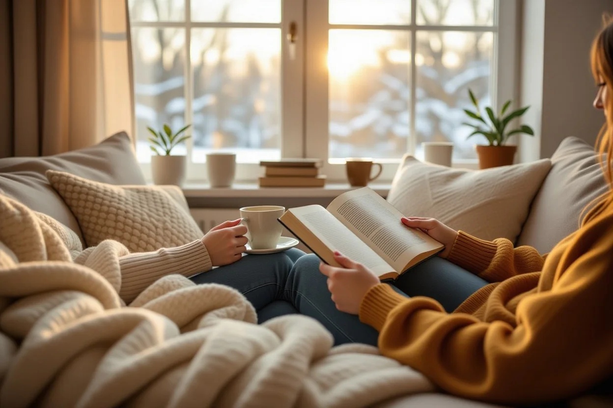 Couple sharing quiet everyday love moments reading together at home