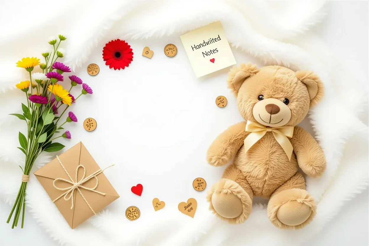 Meaningful everyday romantic gifts flat lay including teddy bear and preserved flowers