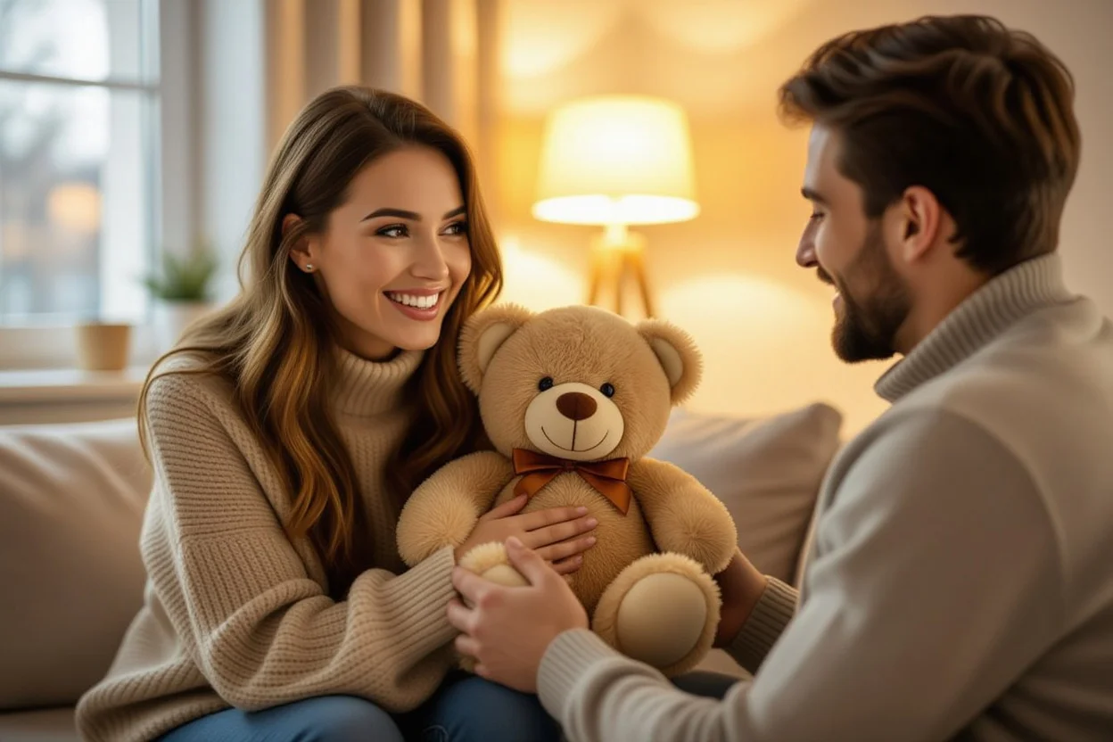 Woman receiving surprise teddy bear gift from partner in cozy home setting