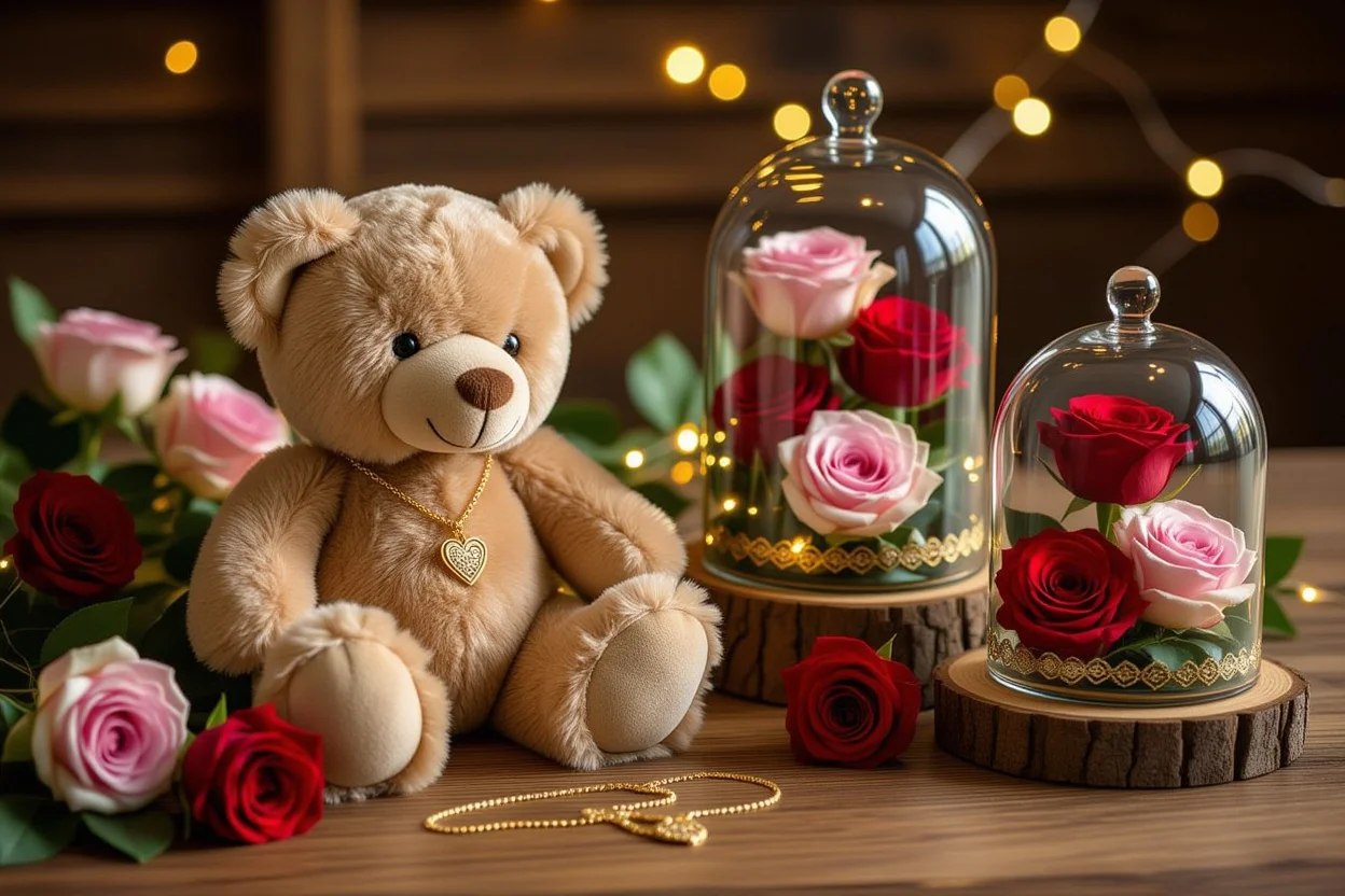 Romantic teddy bear gift with hidden gold necklace and preserved flowers in glass domes on wooden table