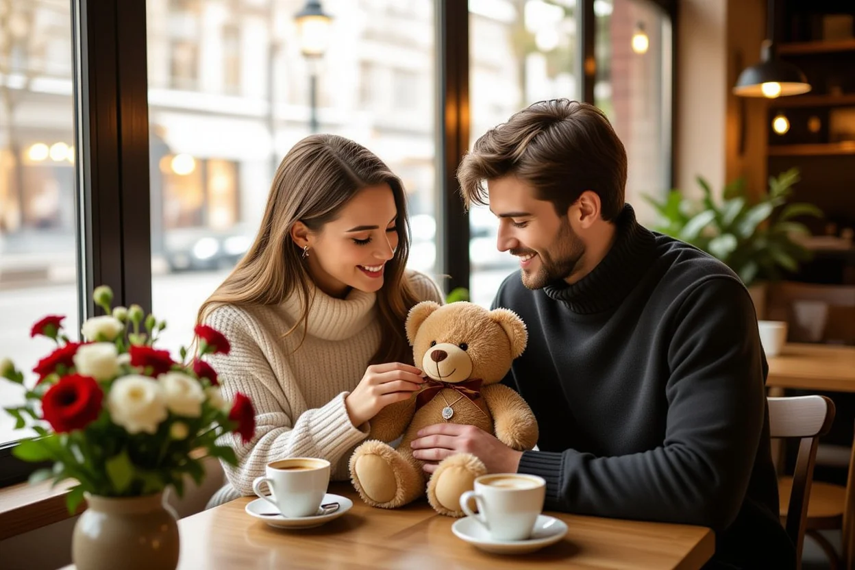 Couple sharing romantic gift moment in café with teddy bear and preserved flowers surprise