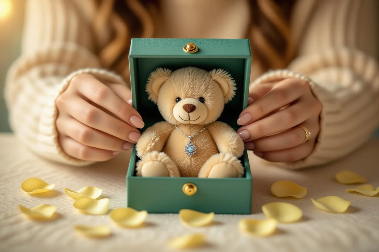 Hands revealing hidden necklace inside teddy bear gift with scattered preserved flower petals