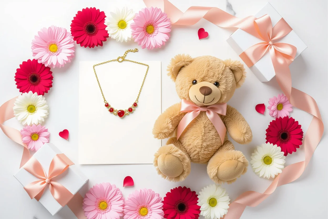 Elegant flat lay of romantic gift set with teddy bear, necklace, and preserved flowers on marble surface