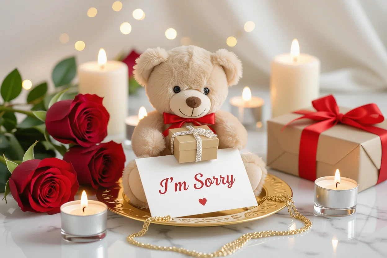 Romantic apology gift setup with teddy bear, roses, and jewelry for girlfriend