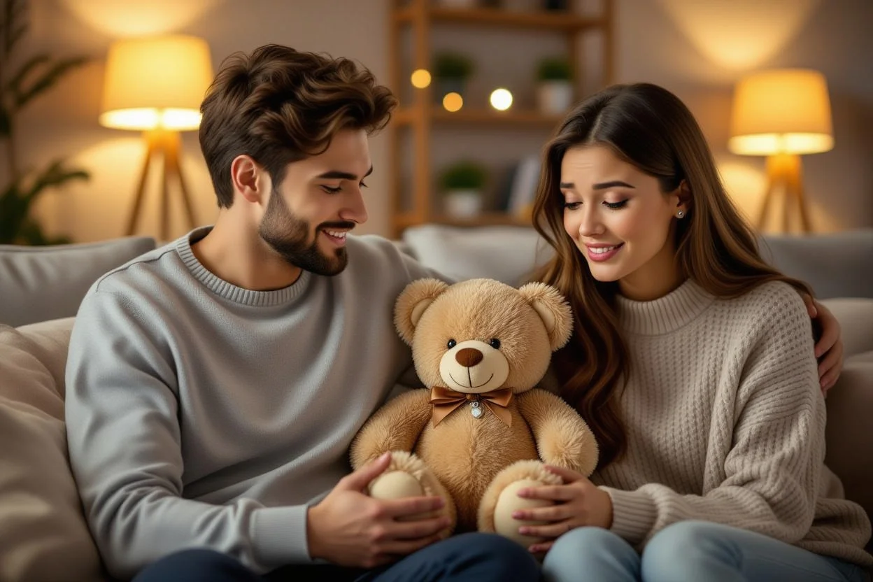 Couple reconciling with romantic teddy bear gift surprise - relationship apology moment