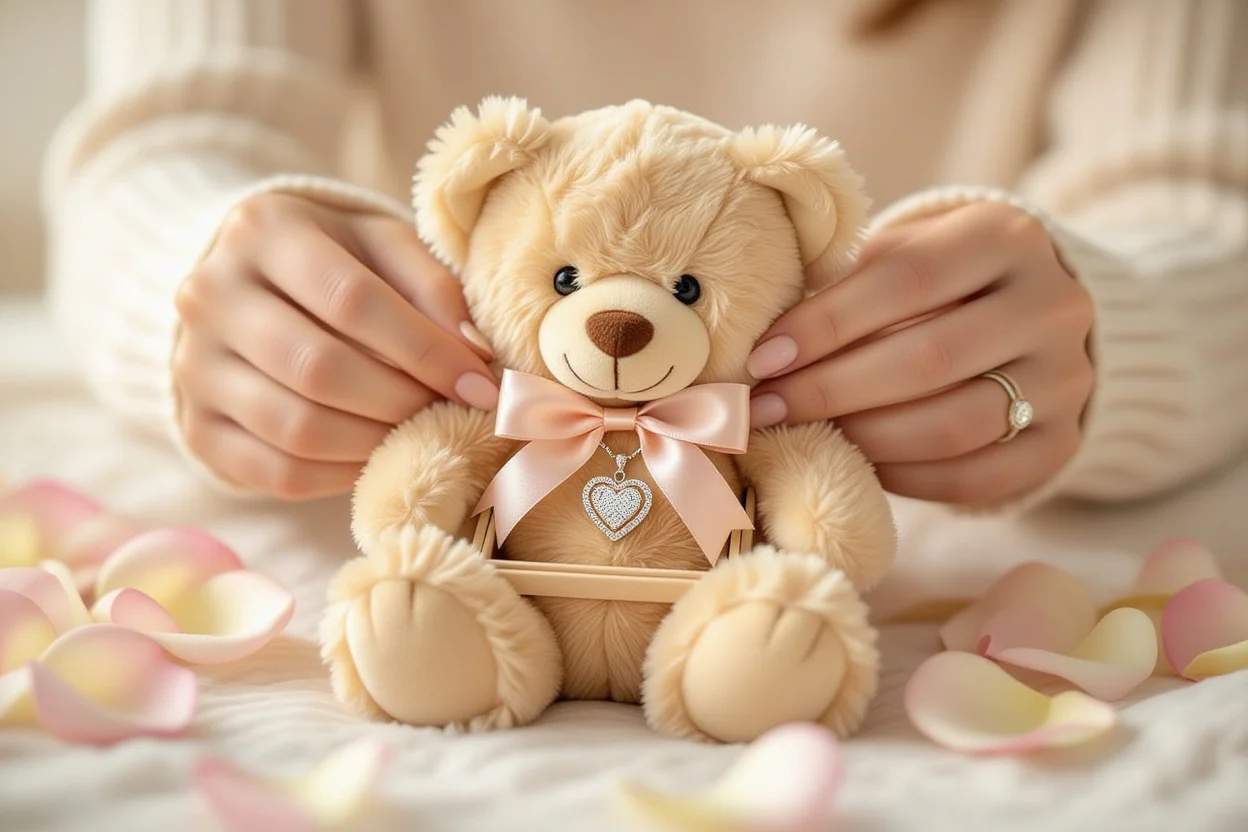Hands revealing hidden necklace surprise in teddy bear - romantic gift idea for her