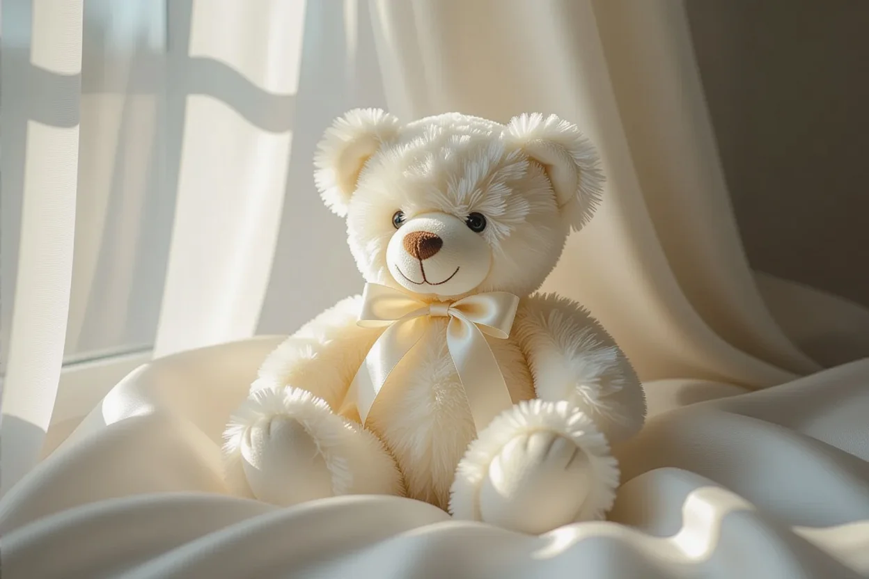 Elegant iridescent teddy bear romantic gift for her on silk cushion in natural light