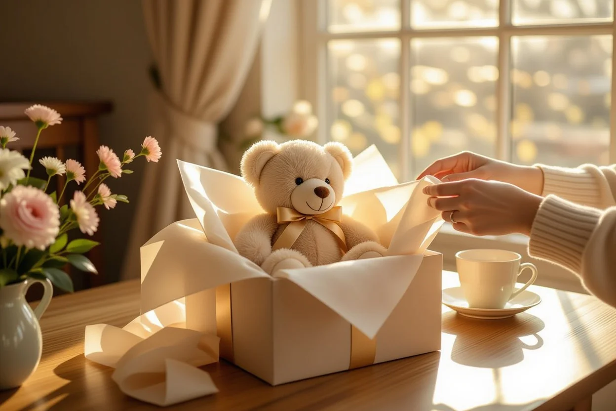 Woman opening surprise teddy bear gift package in cozy afternoon sunlight setting