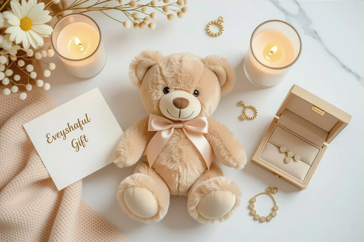 Romantic gift flat lay with teddy bear, flowers, and love note for thoughtful gestures