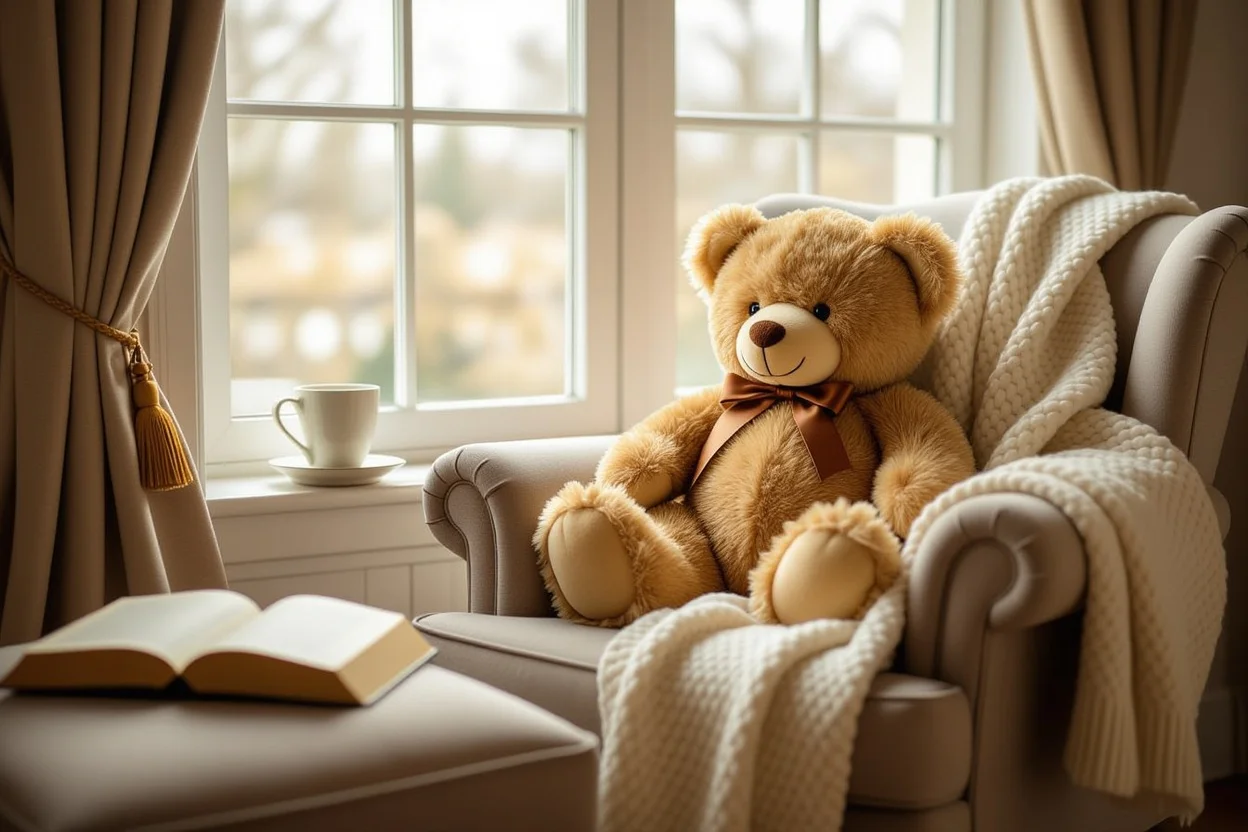 Elegant teddy bear in cozy window seat representing thoughtful romantic gifts and constant love