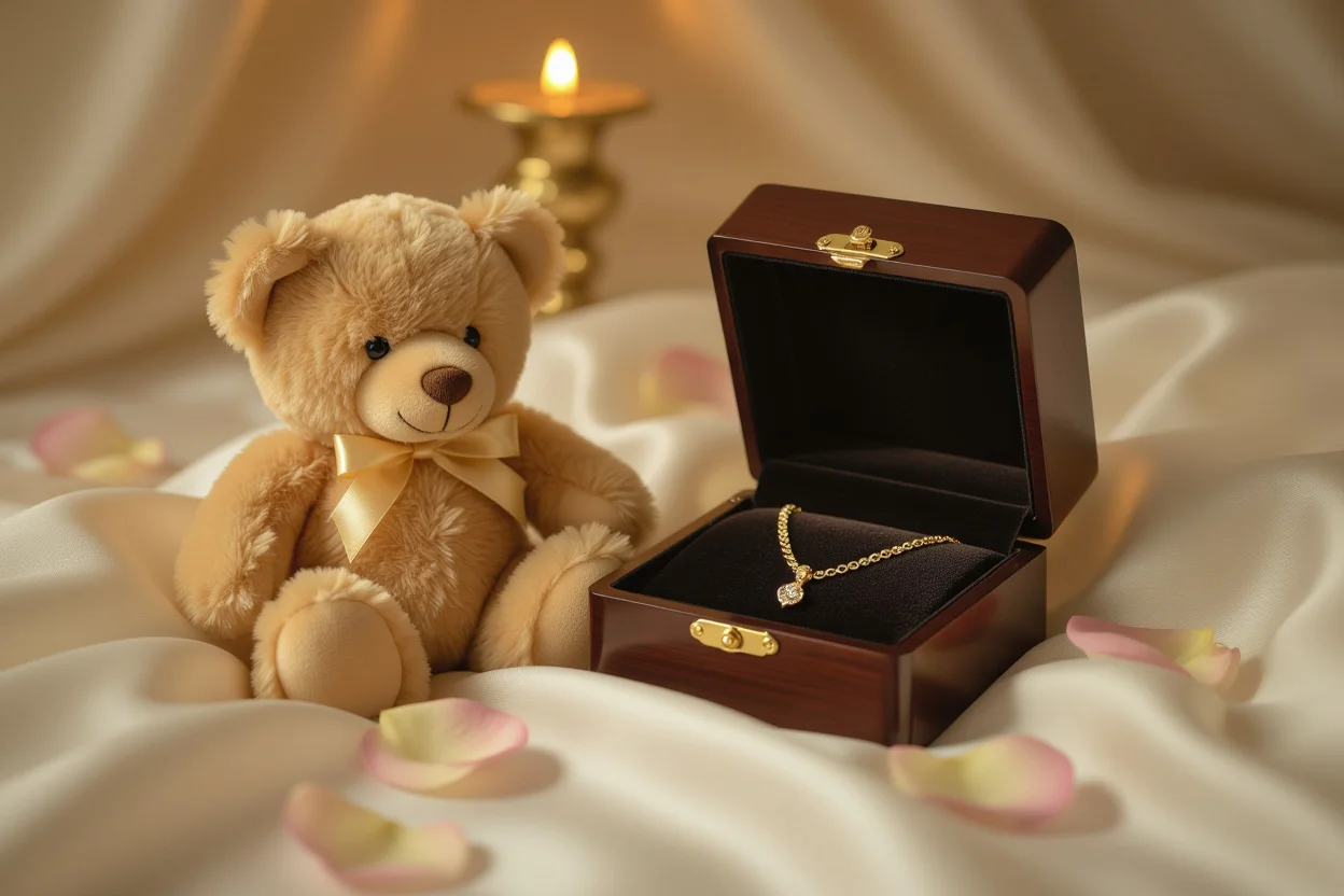Teddy bear surprise gift revealing 18k gold necklace hidden inside for romantic occasions