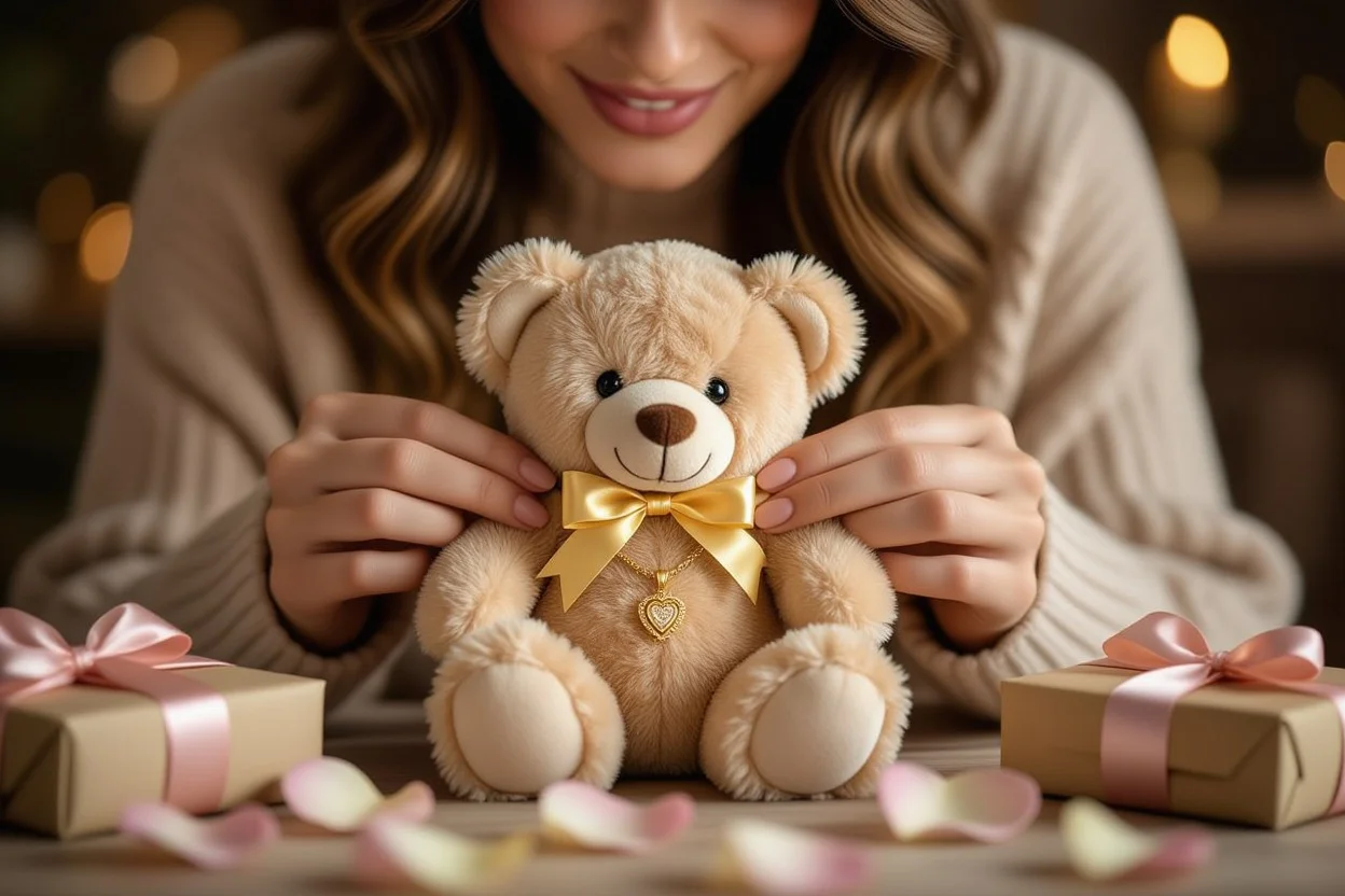 Woman discovering hidden gold necklace surprise inside teddy bear gift with shocked expression