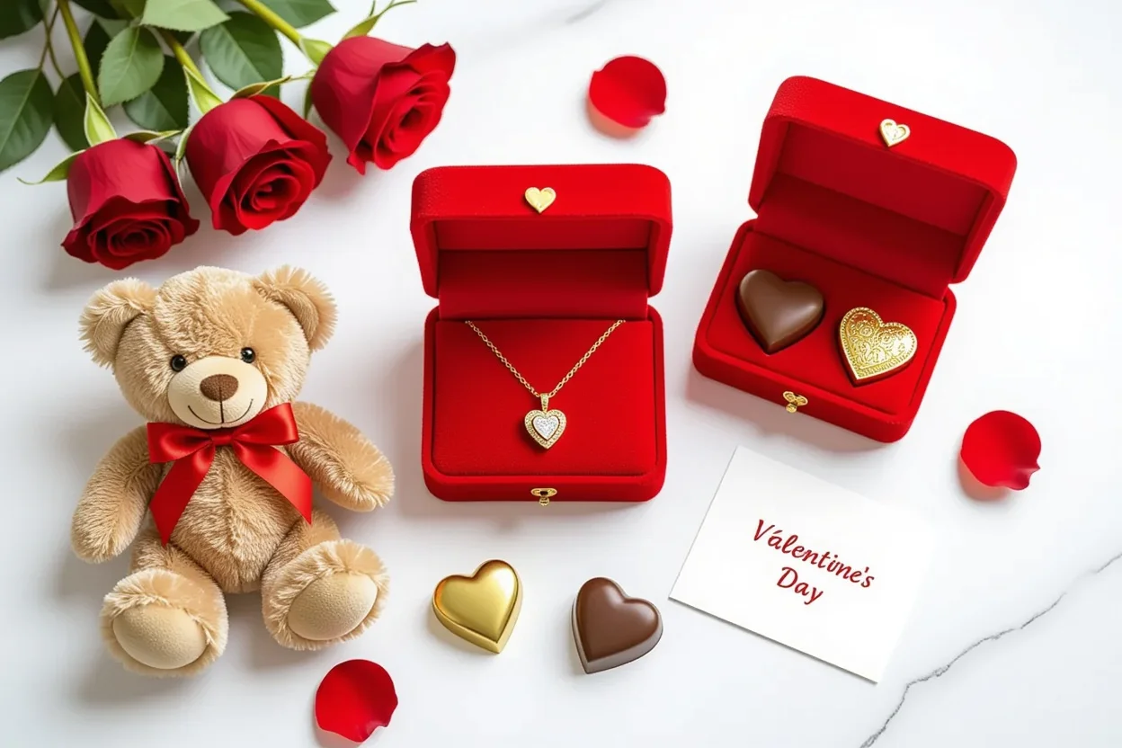 Romantic gift collection featuring teddy bear with hidden jewelry compartment and Valentine's Day presents