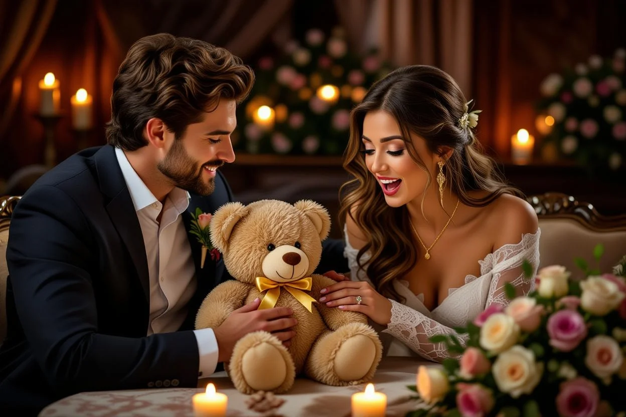 Romantic couple moment with man surprising woman with teddy bear containing hidden gold necklace gift