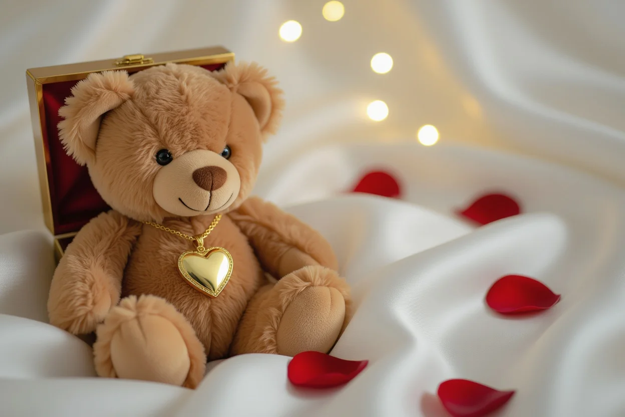 Romantic teddy bear with hidden heart necklace gift for anniversary surprise