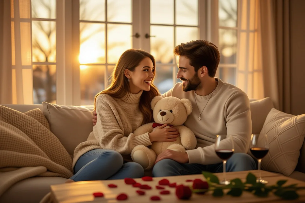 Couple sharing romantic surprise gift moment with teddy bear and hidden necklace