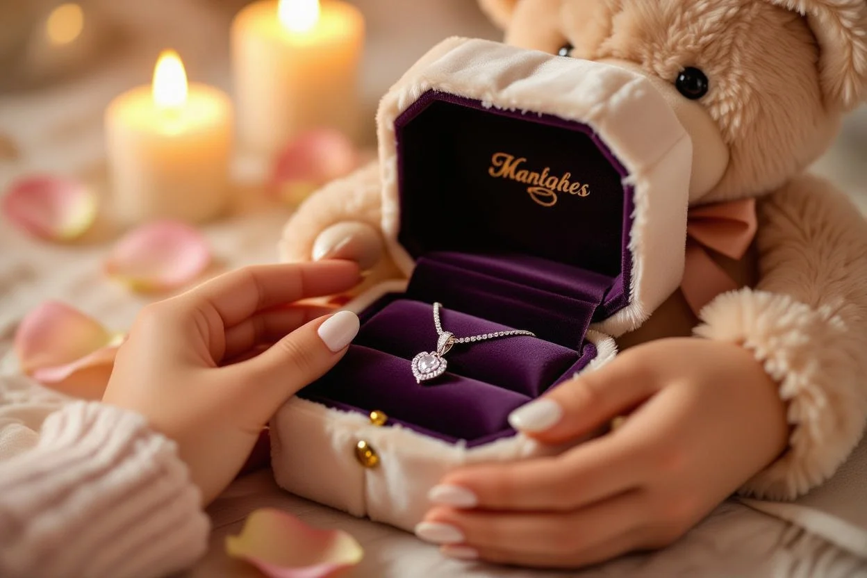 Hands revealing hidden necklace inside romantic teddy bear surprise gift
