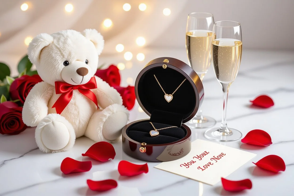 Romantic anniversary gift flat lay with teddy bear, hidden necklace and rose petals