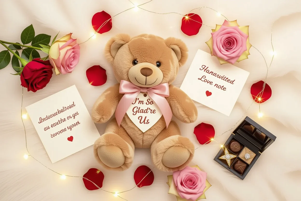 Romantic gift set with teddy bear and roses for unique girlfriend gifts
