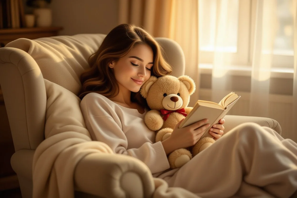 Woman enjoying quiet moment with romantic teddy bear gift, showing everyday love and comfort