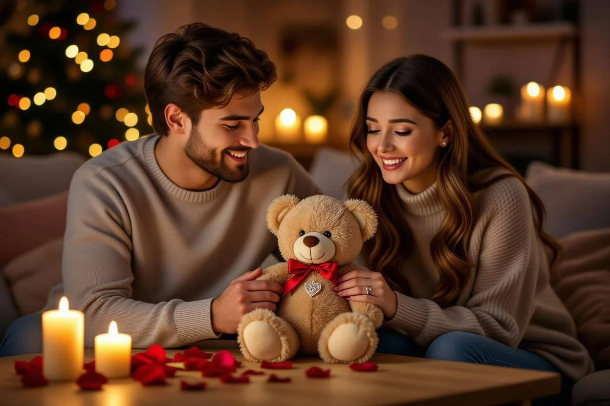 Romantic gift giving moment couple teddy bear surprise necklace Valentine's Day