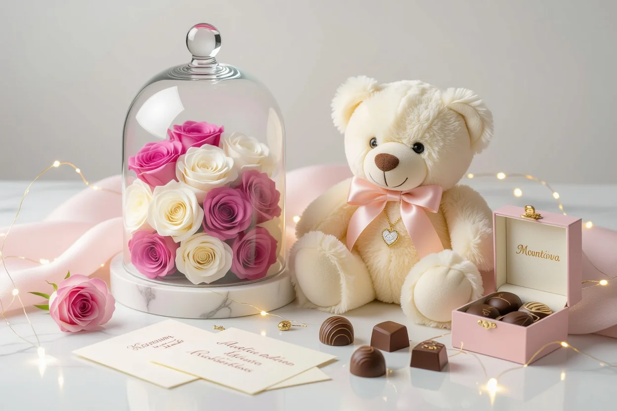 Romantic gifts collection teddy bear with hidden necklace preserved roses luxury gift ideas
