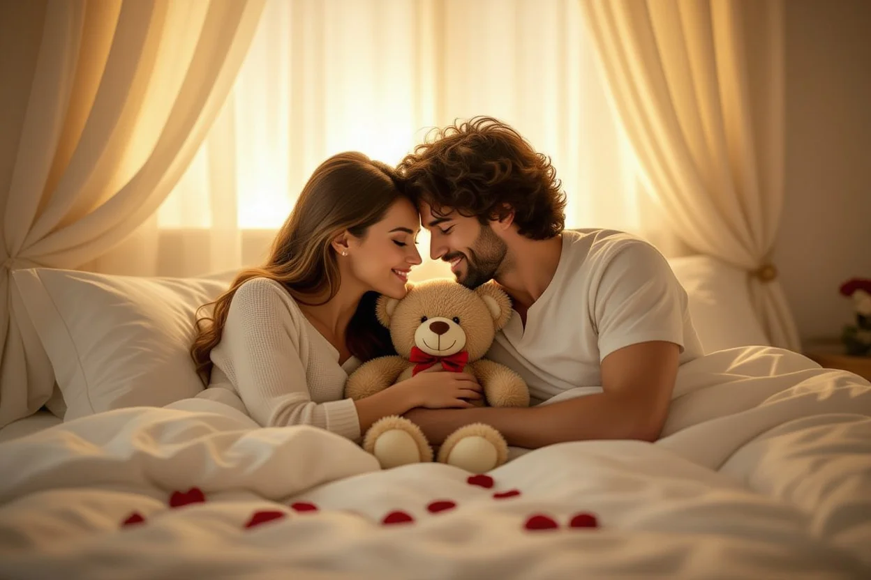 Romantic reconciliation couple bedroom scene heart necklace teddy bear gift love