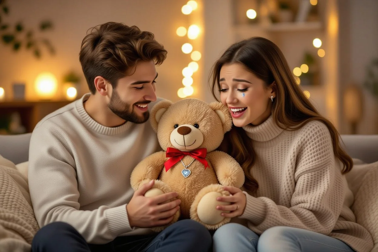 Couple sharing romantic teddy bear surprise gift moment at home