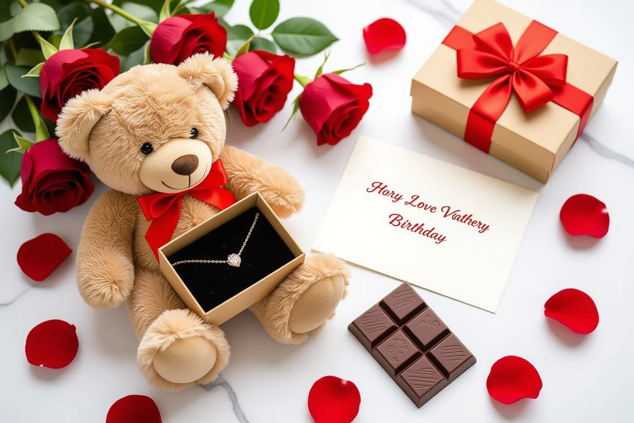 Romantic gifts flat lay with teddy bear necklace surprise and roses